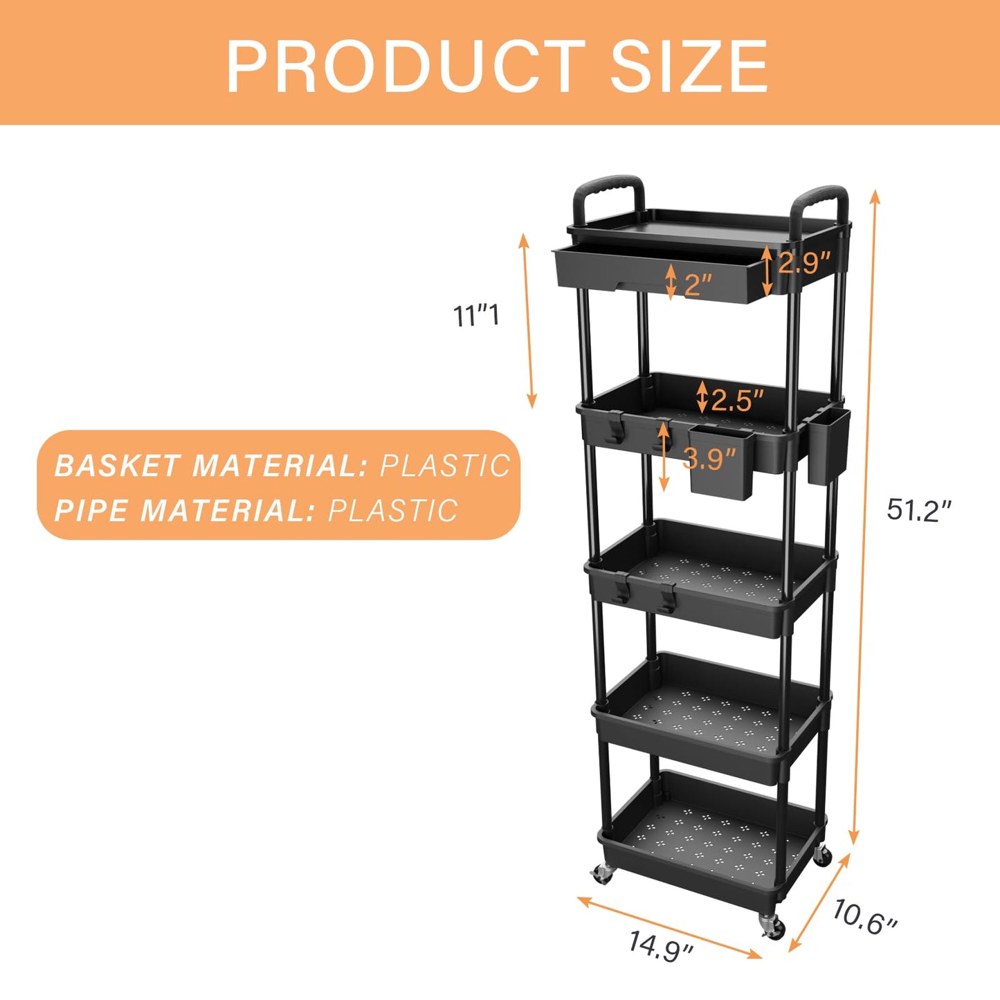 Rolling Utility Cart with Drawer,Storage Cart with Iron Wheels