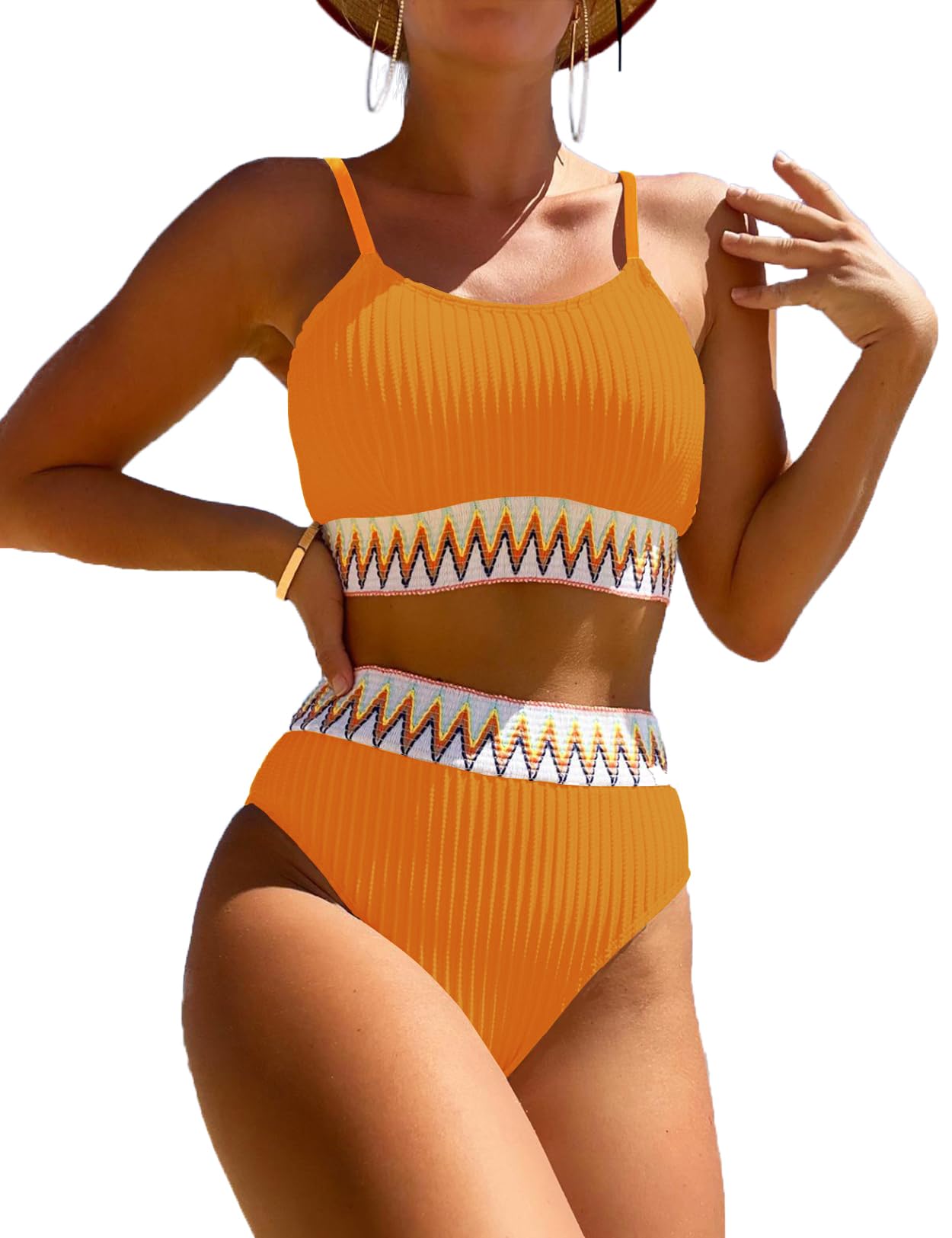 Women's High Waisted Swimsuit Two Piece Ribbed Bikini Sets Crop Top High Cut Cheeky Bathing Suits