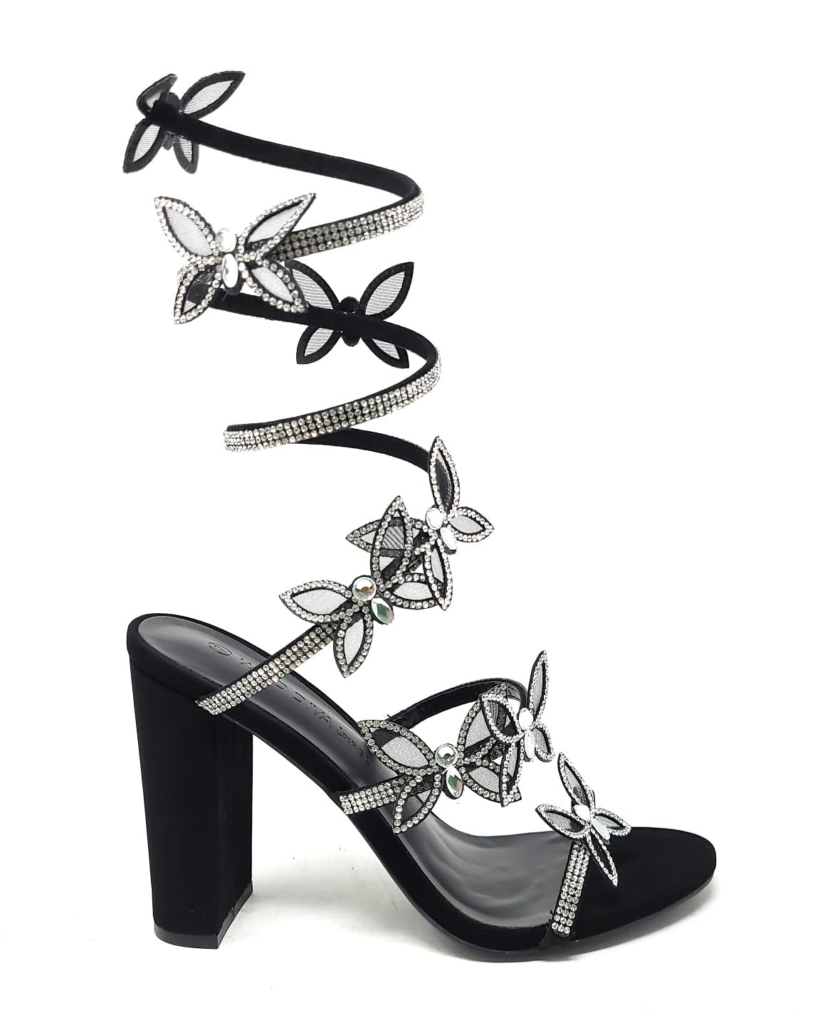 Rhinestone Butterfly Detail Spiral Coil Wrap Around Chunk Heel