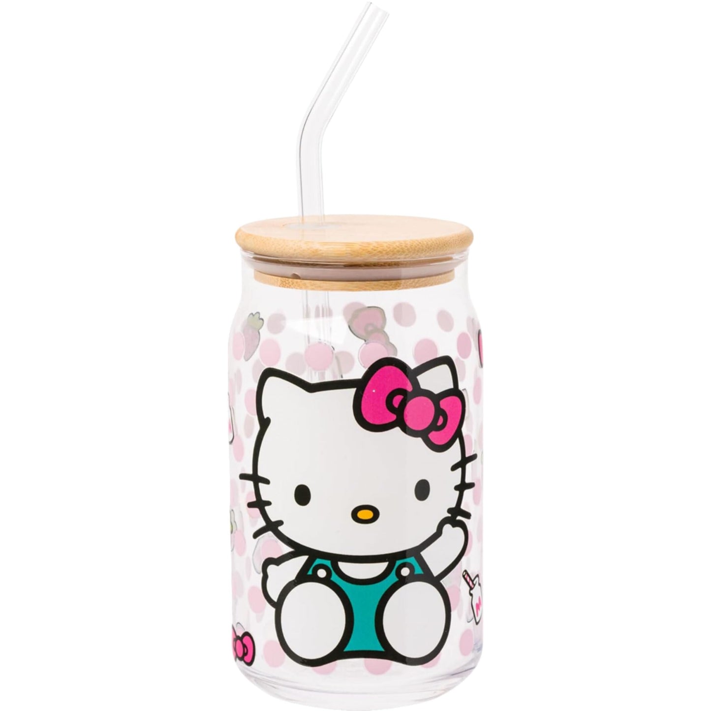 Sanrio Glass Jar Tumbler with Bamboo Lid and Glass Straw, 16 Ounces