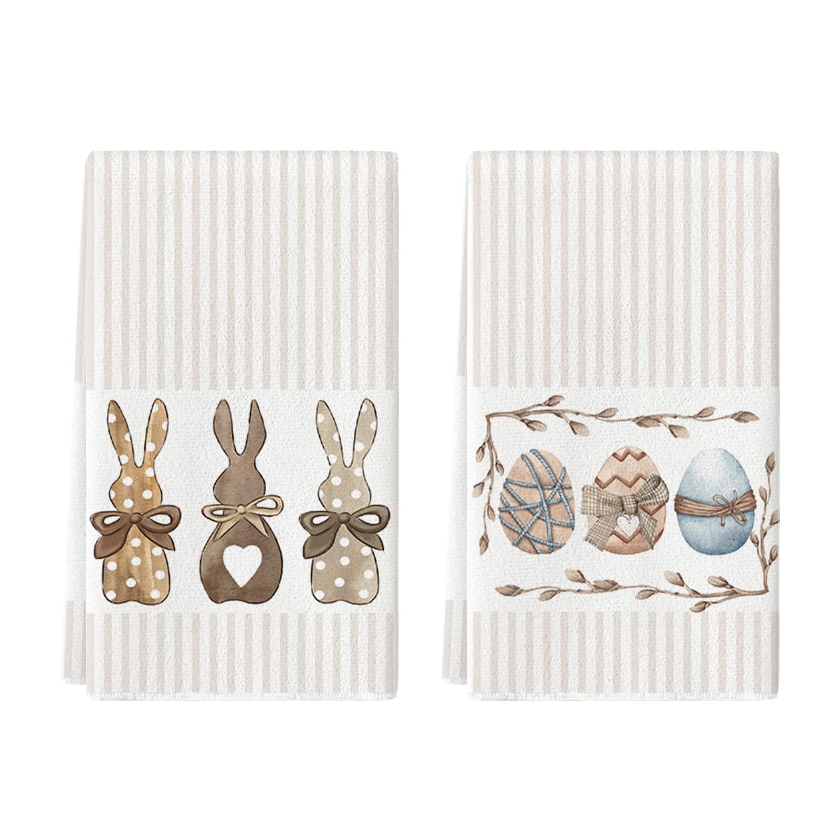 Stripe Rabbit Bunny Eggs Easter Kitchen Towels Dish Towels, Set of 2