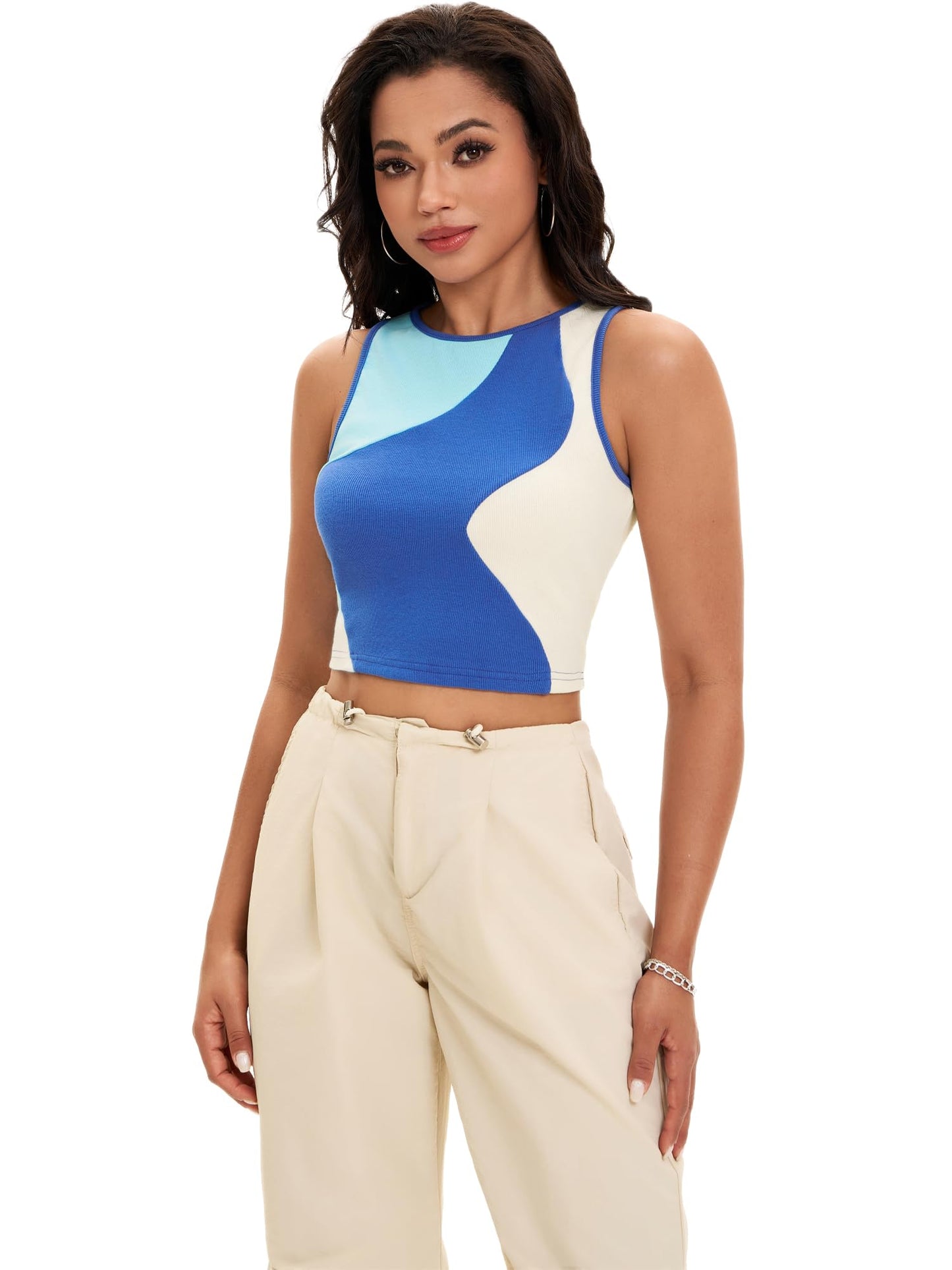 Crop Tank Tops mer Color Block Ribbed Tops