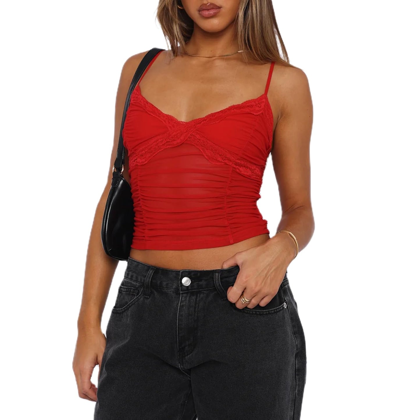 Women Y2K Camisole Spaghetti Strap Lace Trim Square Neck Tank Top