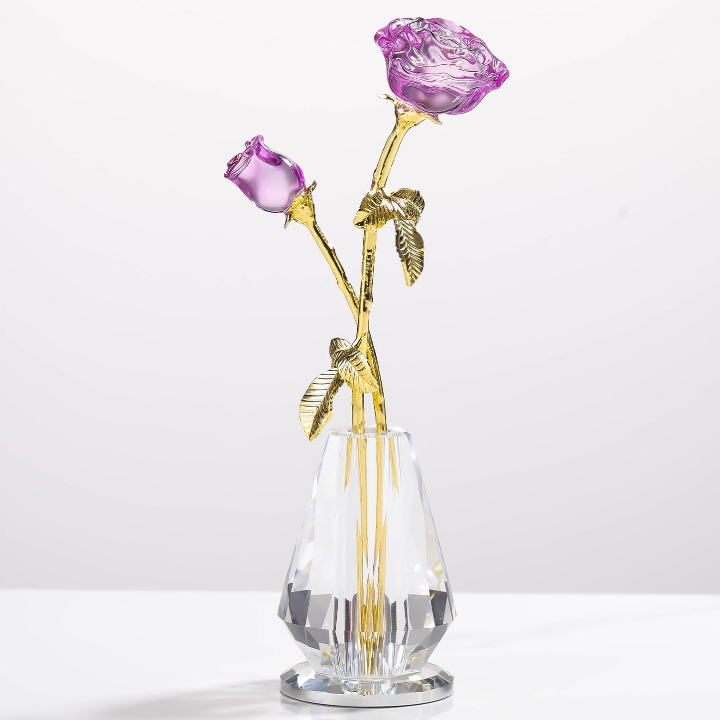 Crystal Rose Flowers Figurines Home Decor, Glass Roses with Stems