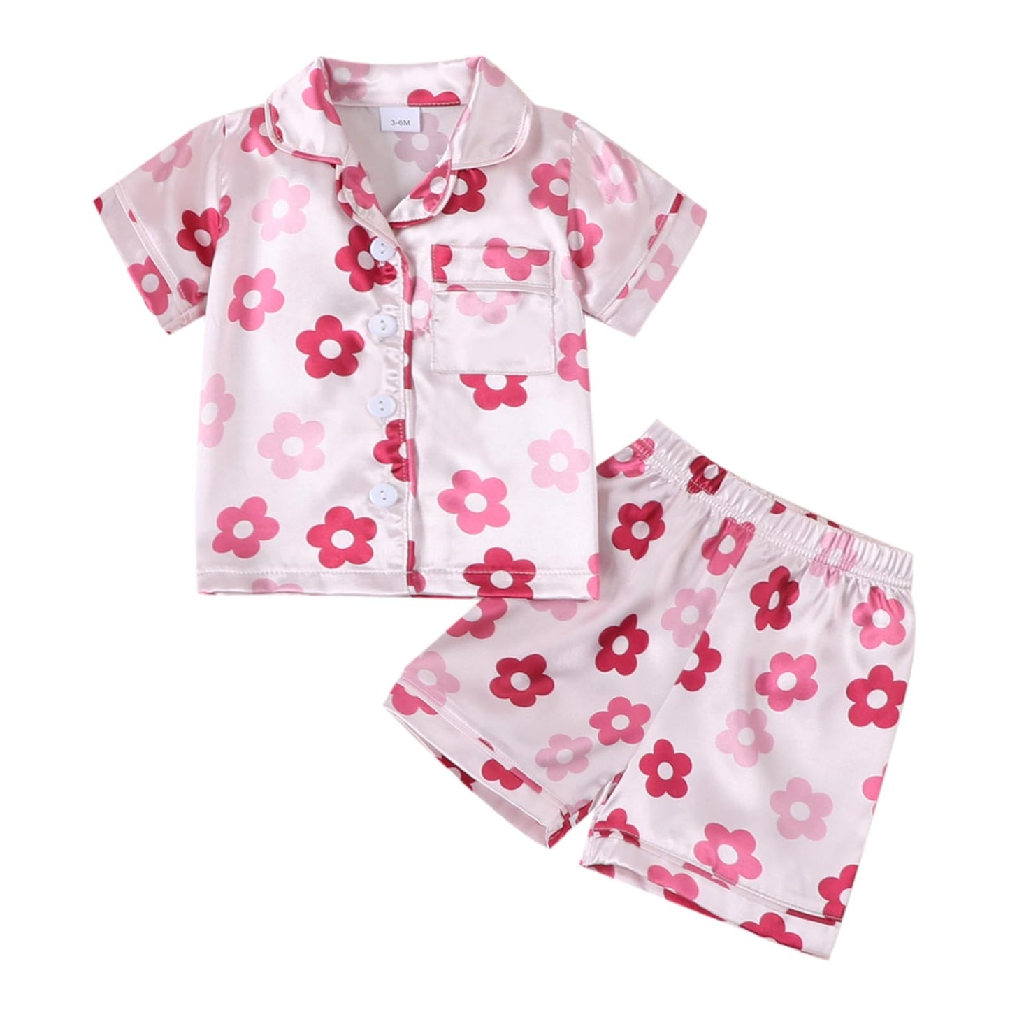 Toddler Girls Floral Silk Pajamas Short Sleeve Button-Up Top Shorts 2PC Flowers Satin Pajamas Set