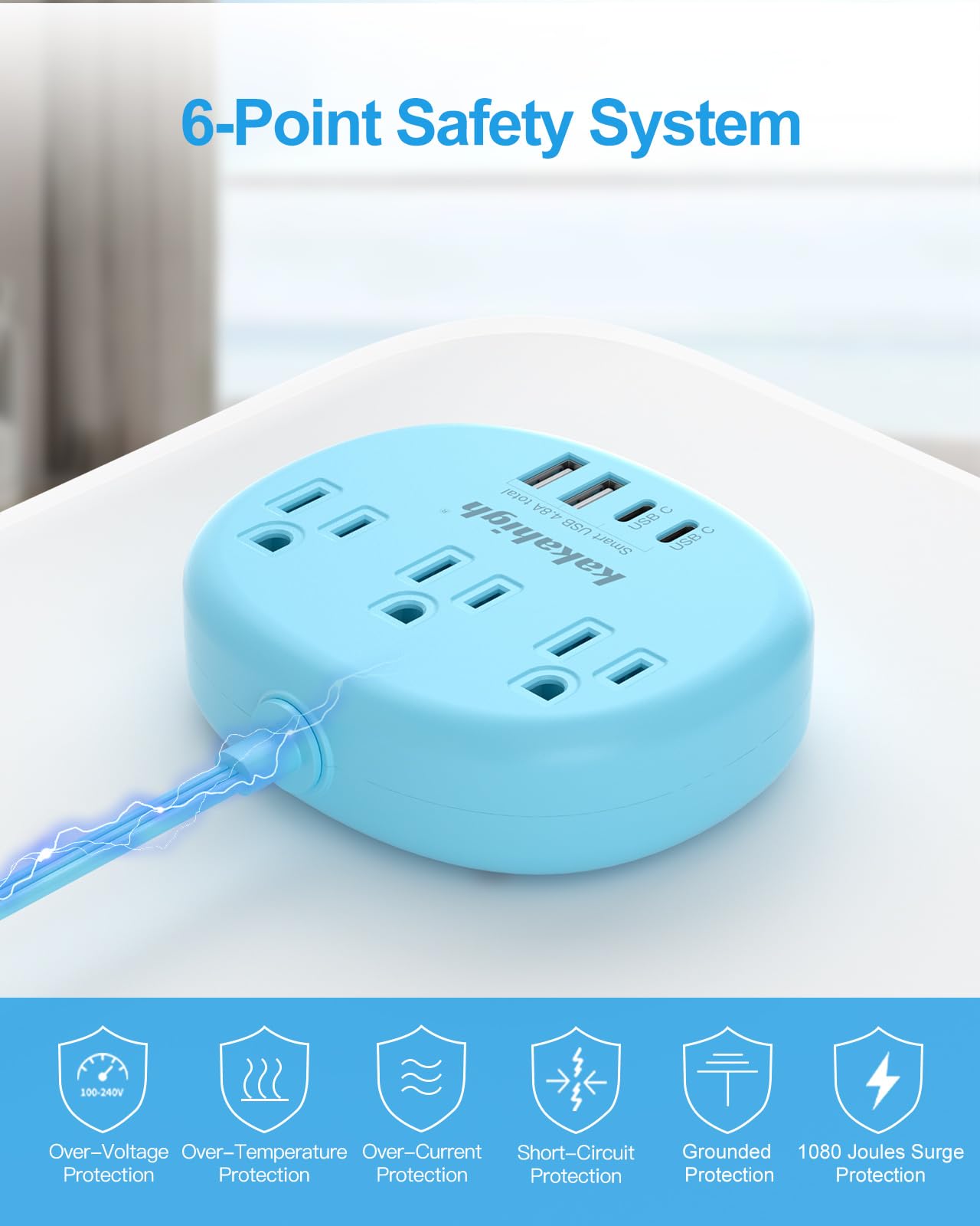 Cute Surge Protector – 5FT Flat Extension Cord, 3 Outlets, 4 USB Ports (24W)