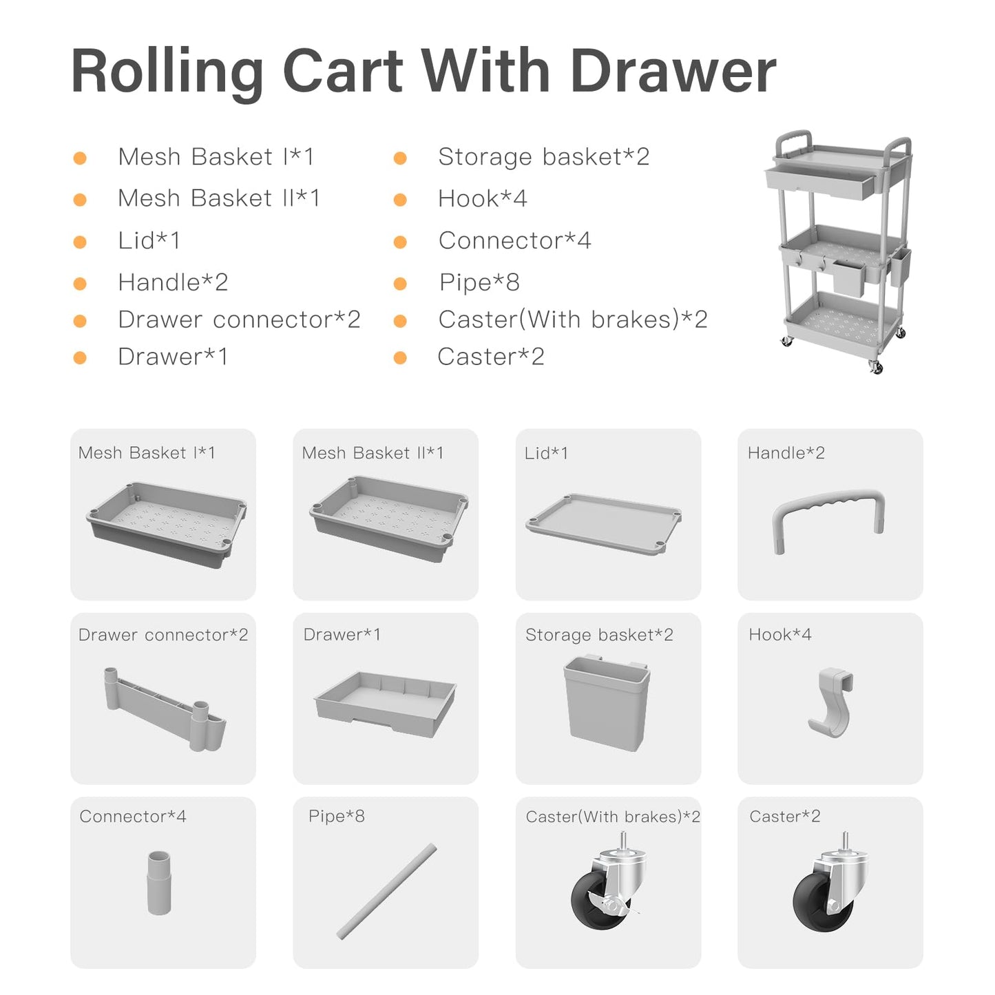 Rolling Utility Cart with Drawer,Storage Cart with Iron Wheels