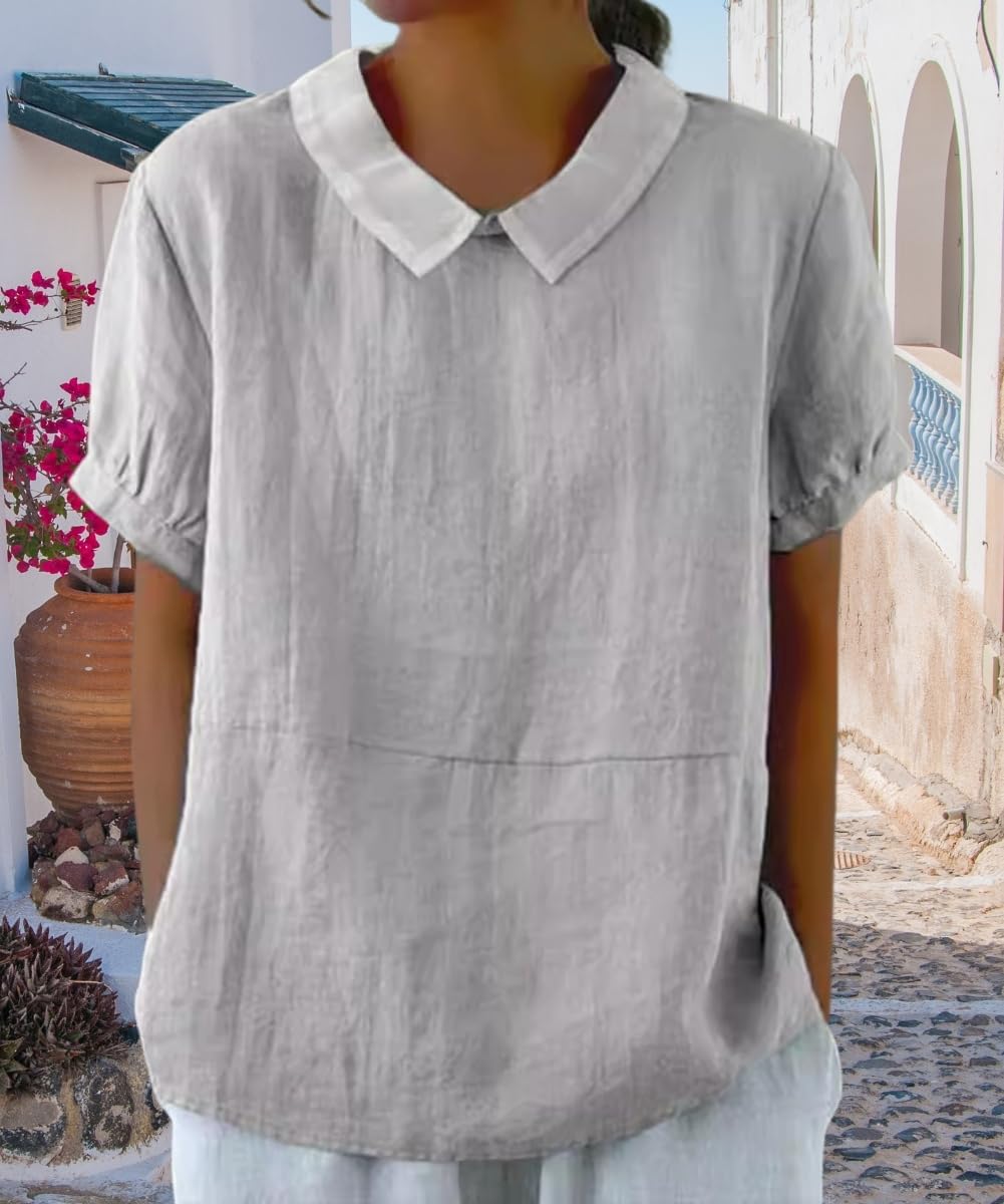 Cotton Linen Shirts Short Sleeve Casual Collared Work Blouse Tunic Tos