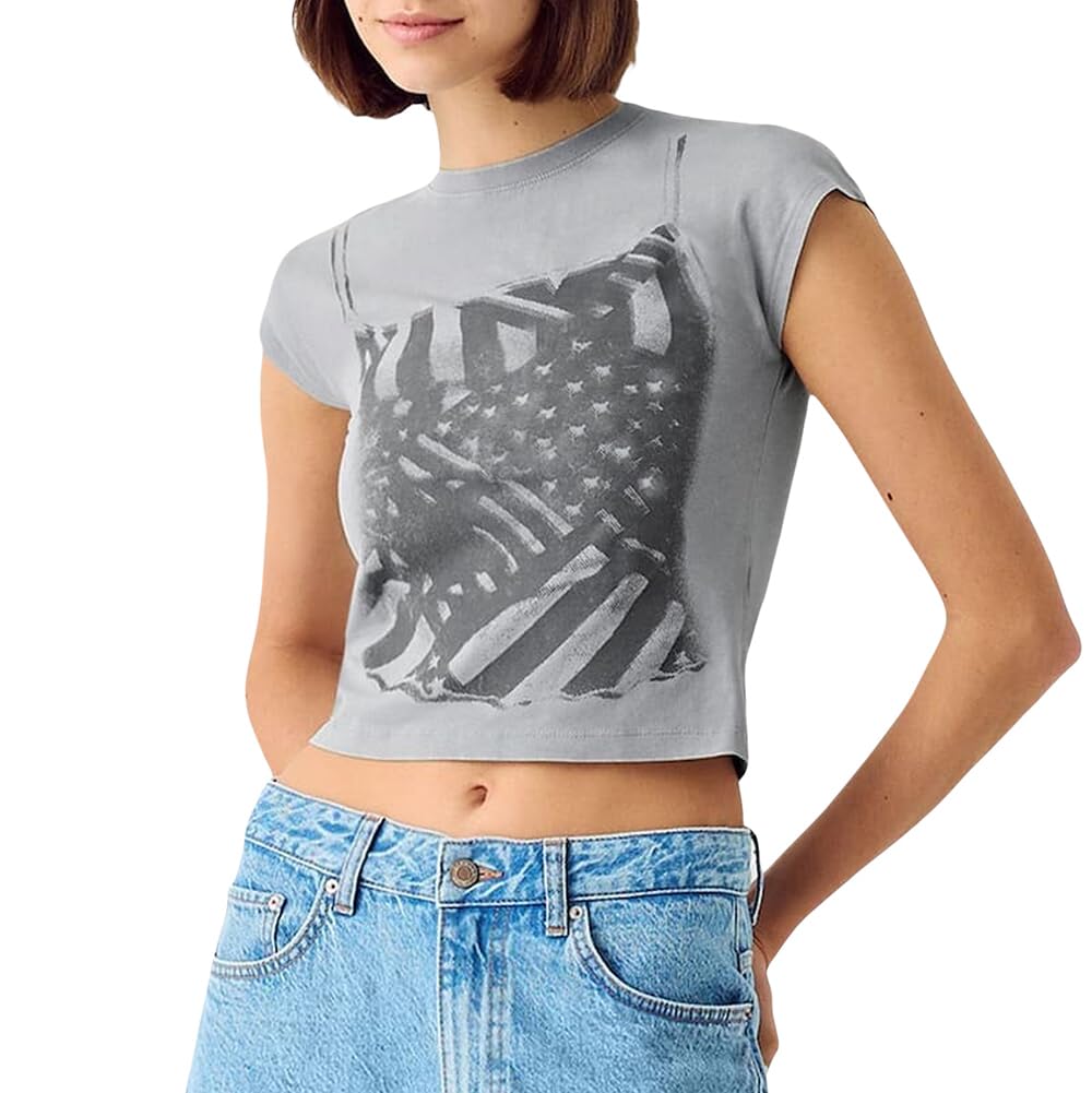 Women Vintage Graphic Baby Tees Cute Print Short Sleeve Crop Top Crew Neck