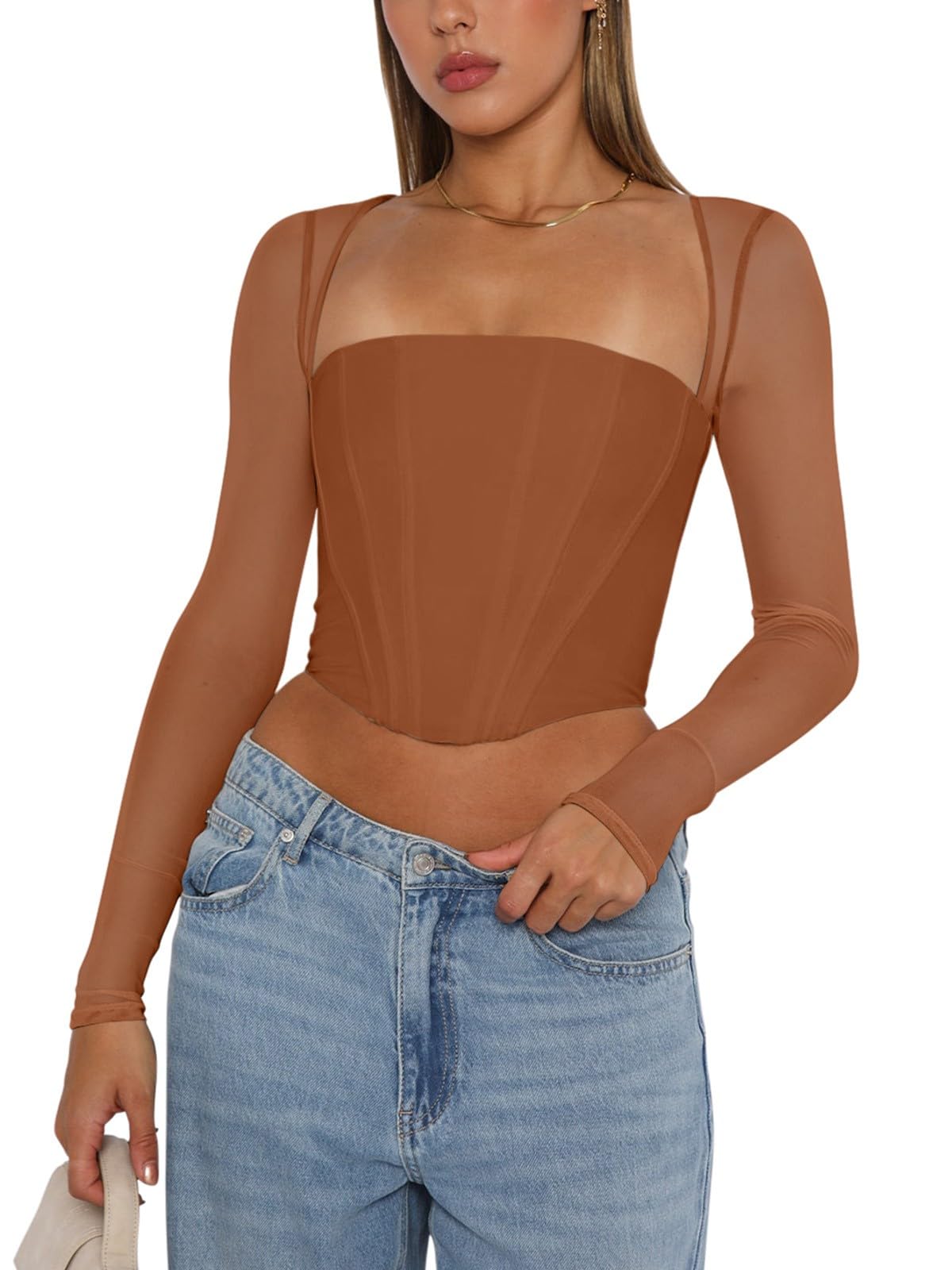 Women's Sexy Sheer Long-Sleeve Corset – Y2K Square Neck, Cropped Party Top