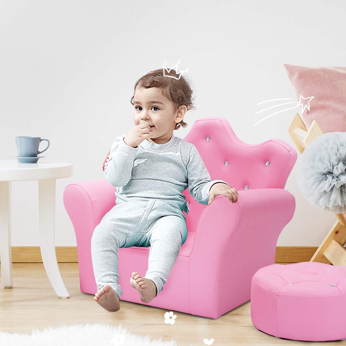 Children Upholstered Sofa with Ottoman, Princess Sofa with Diamond Decoration