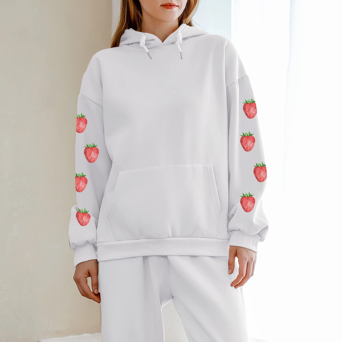 Women's Cute Sweatshirt Strawberry Sleeve Printed Cotton Warm Hoodie with Pocket