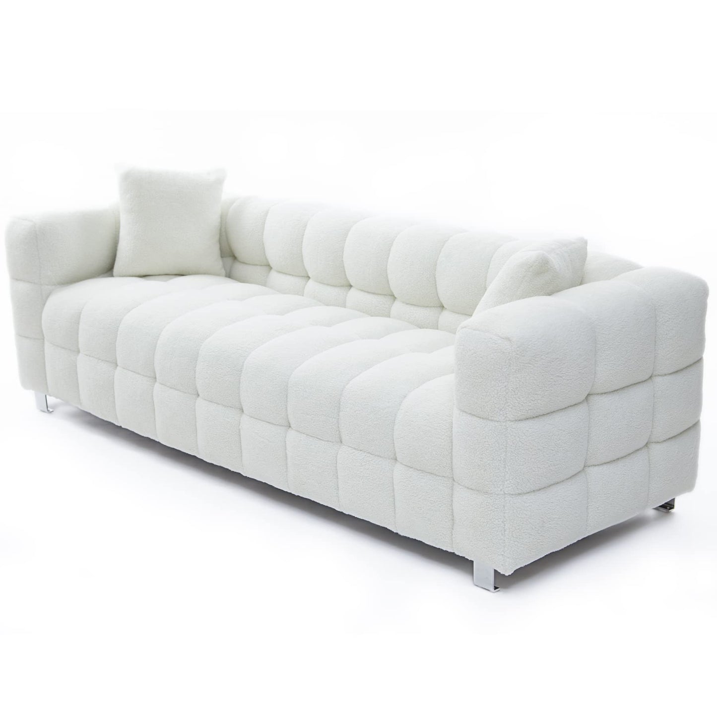 Modern Sofa Couch with Metal Legs Upholstered Tufted 3 Seater Couch with 2 Pillows Decor