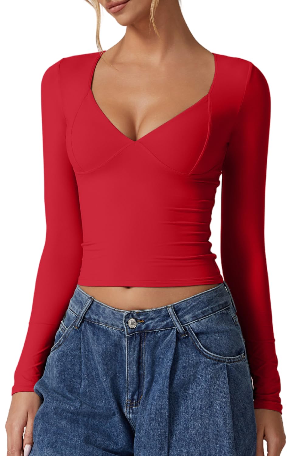 Women's Long Sleeve V Neck T Shirts - Double Lined Crop Top Seamed Cup