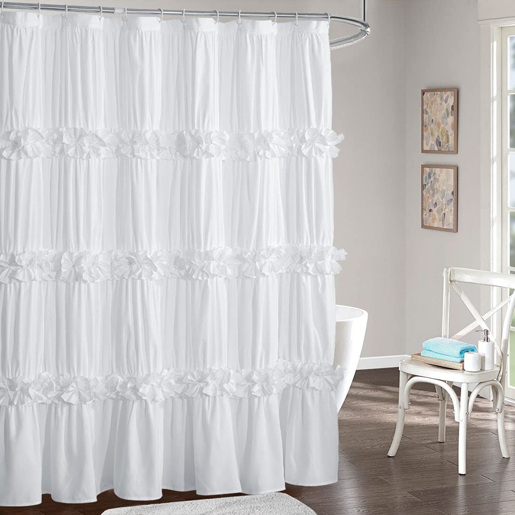 Victorian Bow Tie Ruffle Shower Curtain, with 12 Buttonholes, 72" W x 72" H, White (LQ-10)