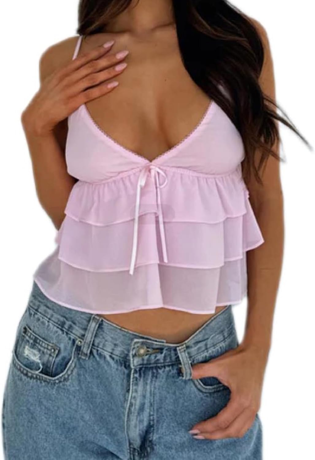 Women Ruffle Lace Patchwork Cami Tank Top Deep V Neck Backless A Line Camisole