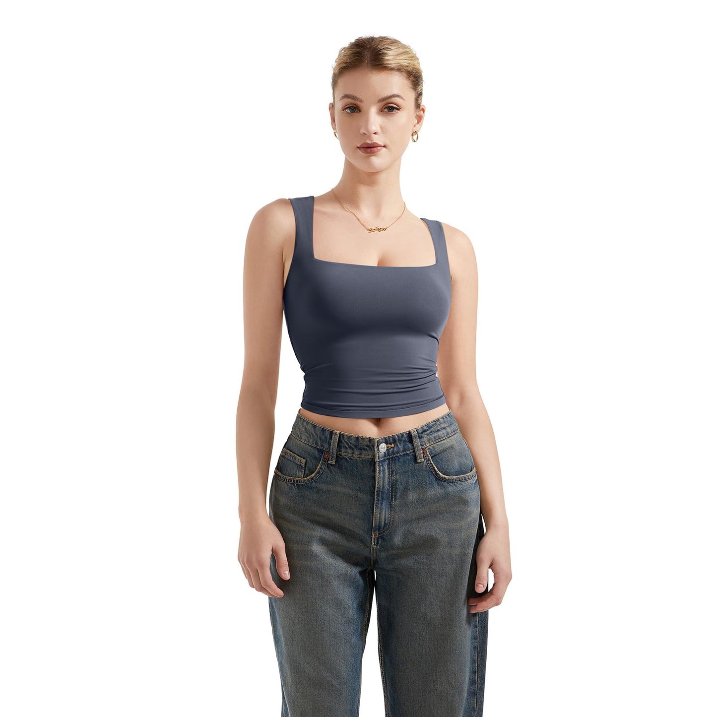 Double Lined Square Neck Crop Tank Top