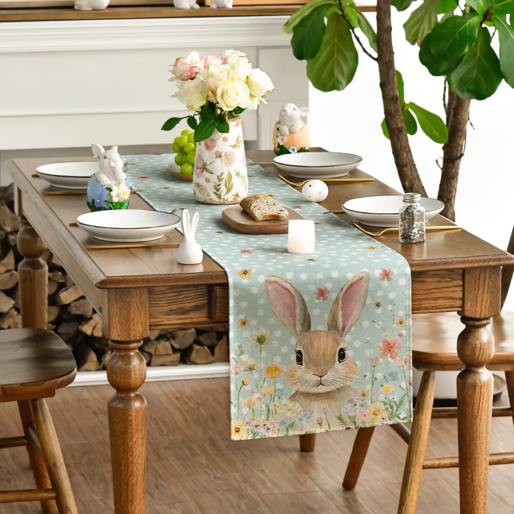 Floral Bunny Rabbit Easter Table Runner, Seasonal Spring Kitchen Dining Table Decoration for Home Party Decor 13x72 Inch