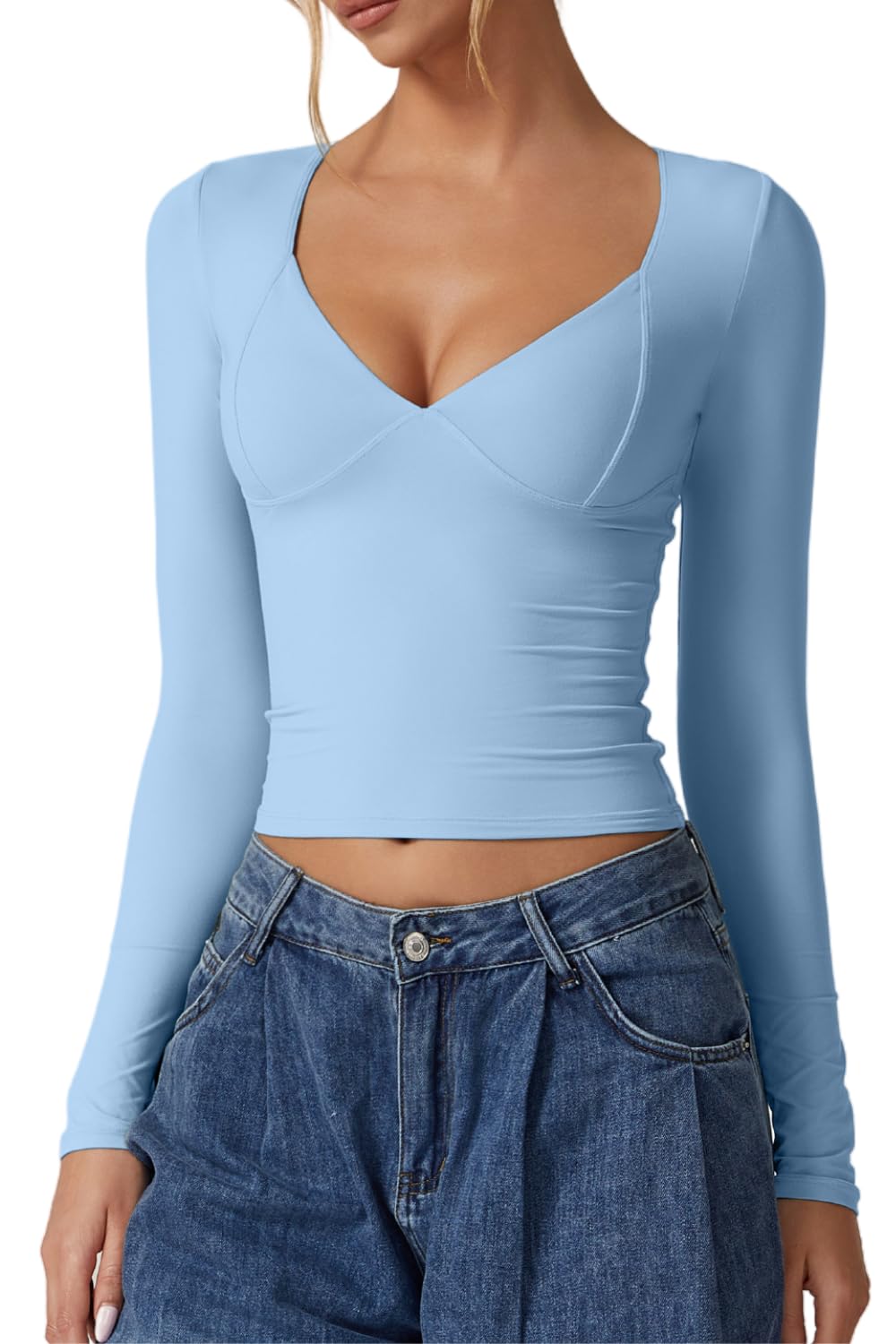 Women's Long Sleeve V Neck T Shirts - Double Lined Crop Top Seamed Cup