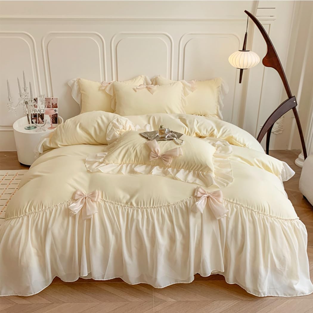 Princess Style Lace Bedding Comforter Cover Set, Chic Ruffled Duvet Cover with Lovely Bow, 1 Duvet Cover with 2 Pillowcases, No Comforter