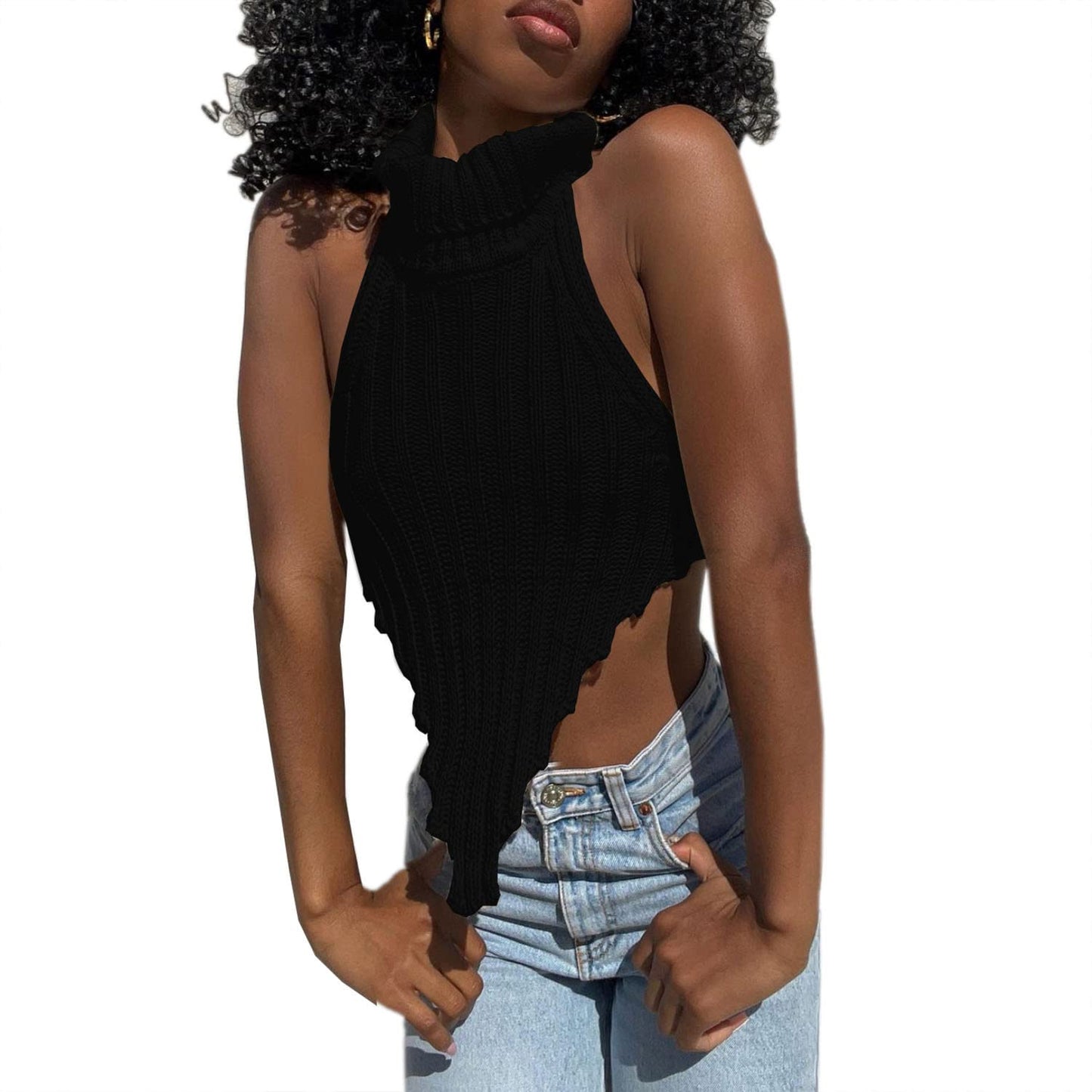 Sexy Halter Knitted Turtleneck Crop Tank Tops Irregular Cut Out Backless Camisole