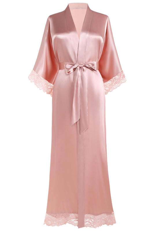 Satin Kimono Robe Silky Long with Lace Trim