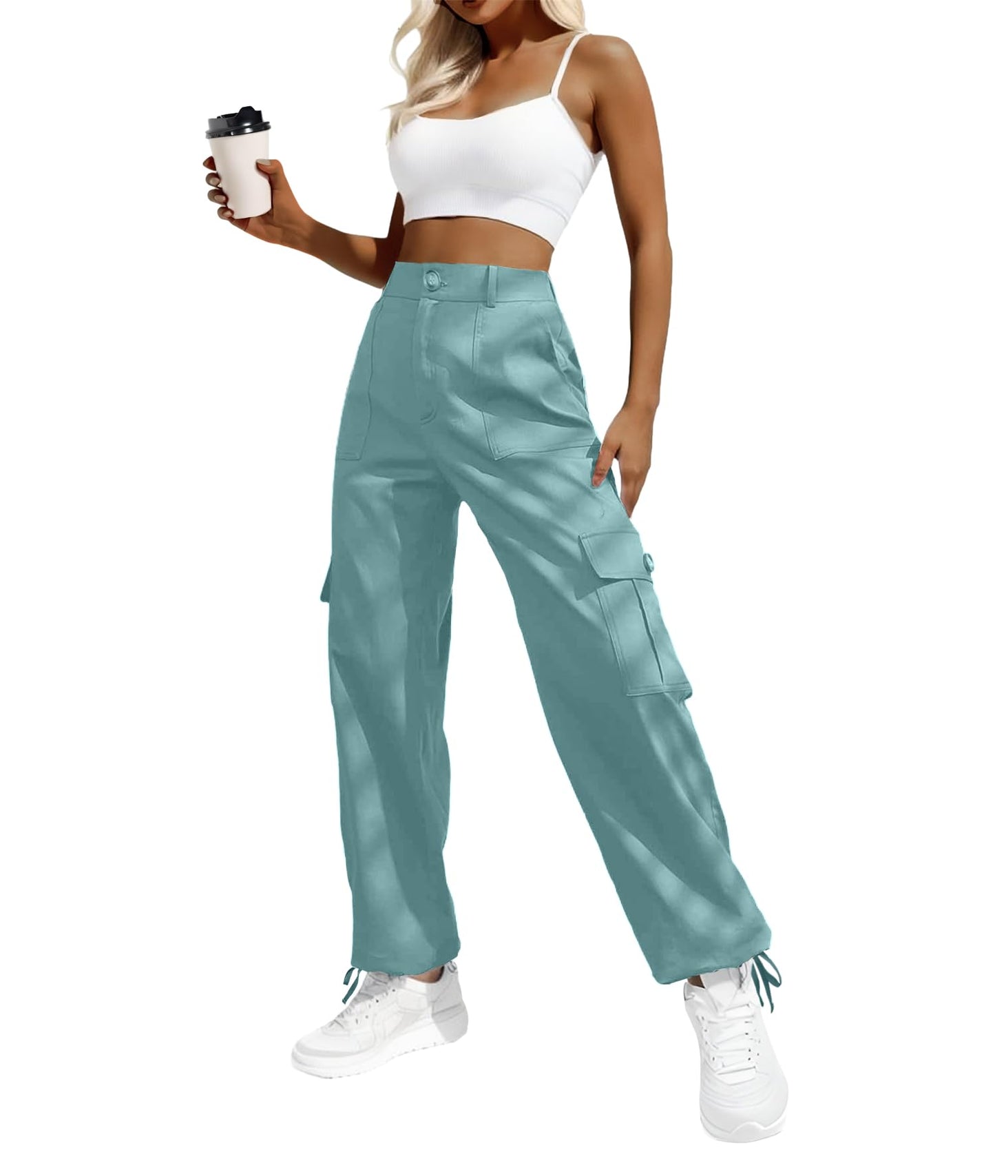 Women's High-Waisted Cargo Pants – Y2K Streetwear Baggy with 6 Pockets & Drawstring Cuffs