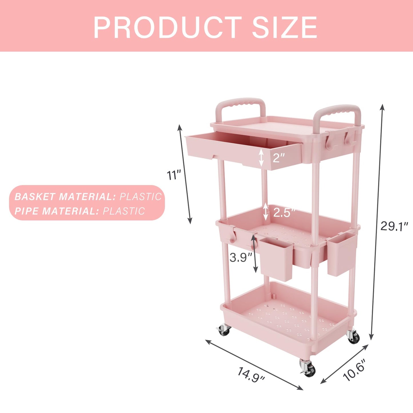 Rolling Utility Cart with Drawer,Storage Cart with Iron Wheels