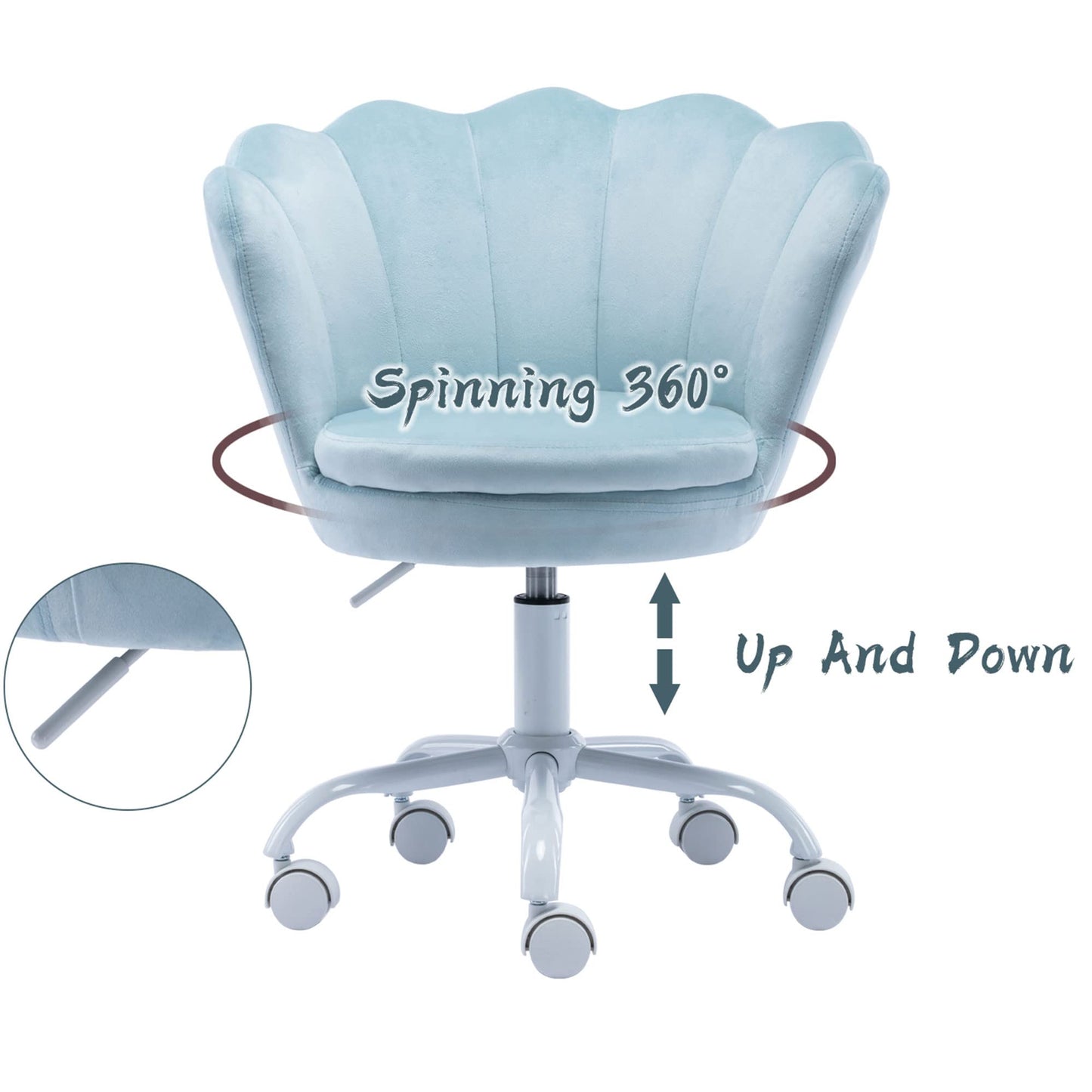 Cute Adjustable Kids Desk Chair - Modern Upholstered Velvet Swivel Rolling Armchair Seashell Back