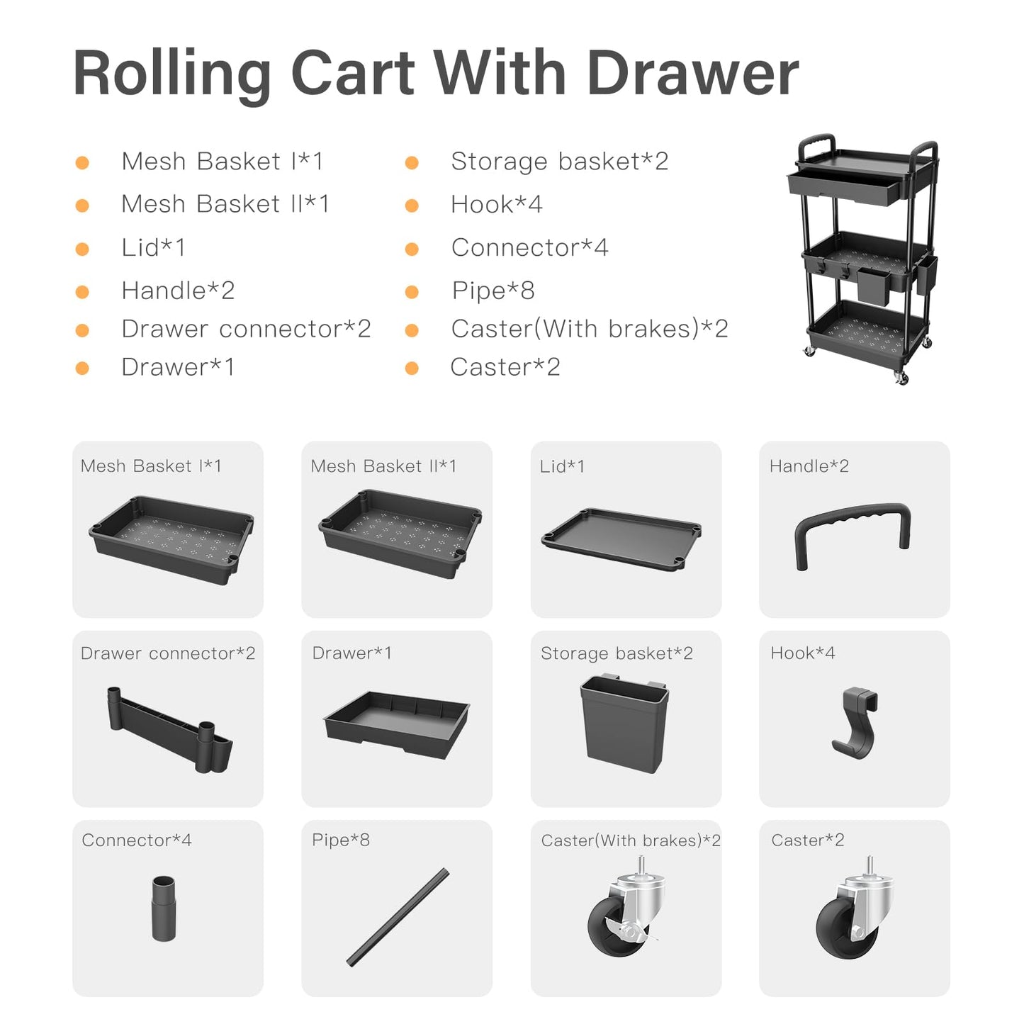 Rolling Utility Cart with Drawer,Storage Cart with Iron Wheels