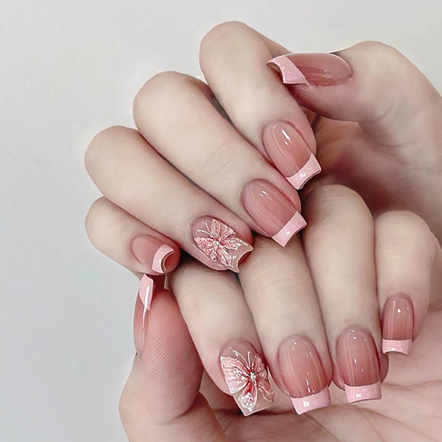 Press On Nails - Pink Butterfly | Pink Series | Beautiful Glossy Pink Nails with Butterfly Design | Short Coffin French Tip Nails, 24 Pcs Reusable Fake Nails