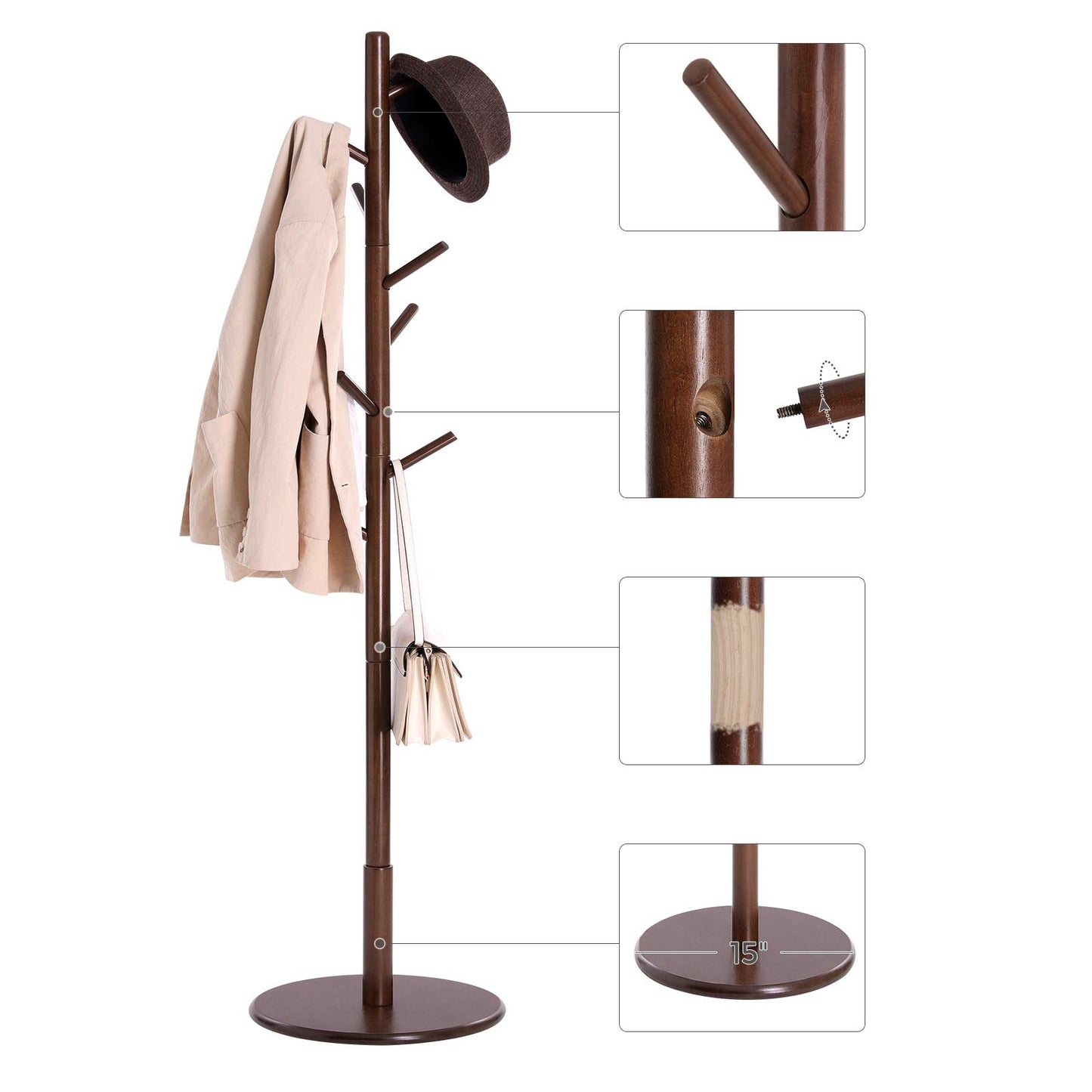 Solid Wood Coat Rack – Free-Standing Tree with 8 Hooks, Adjustable Height for Coats, Hats, and Bags