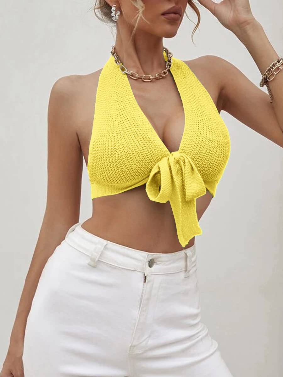 Women's Sexy Deep V Neck Crop Tops Halter Knit Ribbed Bow-Knot Front Backless Cleavage Cropped Tank Top