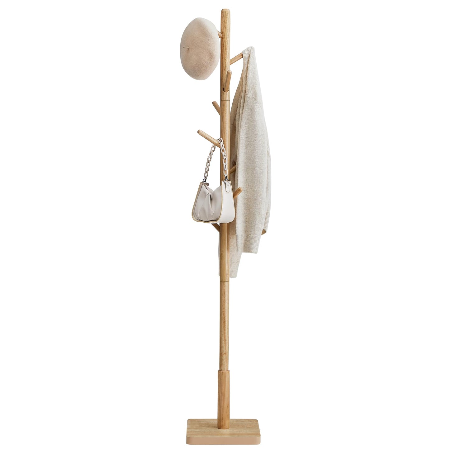 Solid Wood Coat Rack – Free-Standing Tree with 8 Hooks, Adjustable Height for Coats, Hats, and Bags