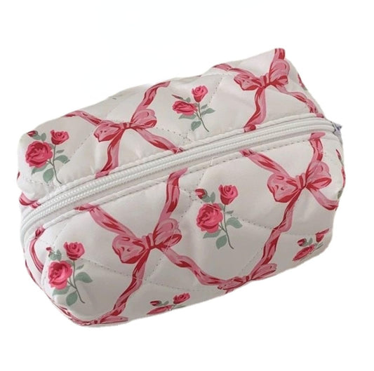 Coquette Y2K Quilted Bow Makeup Bag – Small Preppy Floral Heart Cosmetic Pouch and Toiletry Organizer