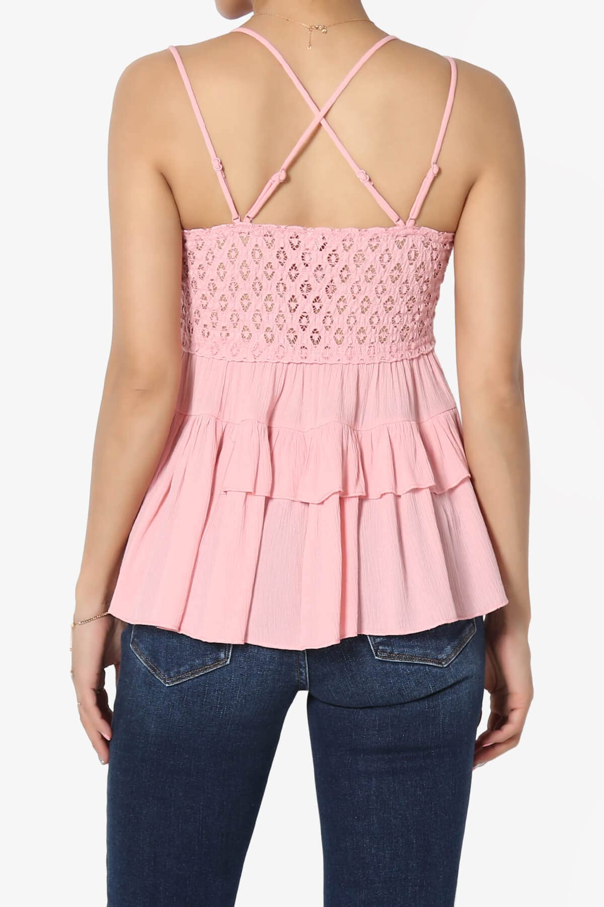 Cross Strap Smocked Back Crochet Lace Ruffle Peplum Cami Top