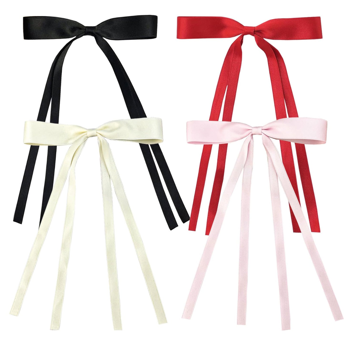 Satin 4-Piece Hair Ribbon Clips for Women and Girls – Pink and Beige Long Tail Bow Hair Accessories