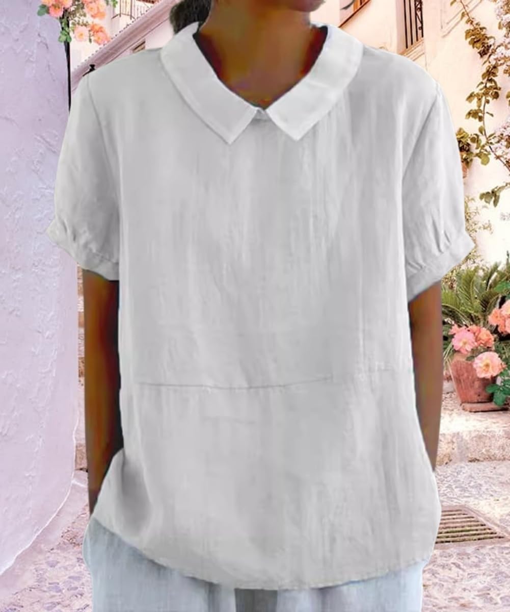 Cotton Linen Shirts Short Sleeve Casual Collared Work Blouse Tunic Tos