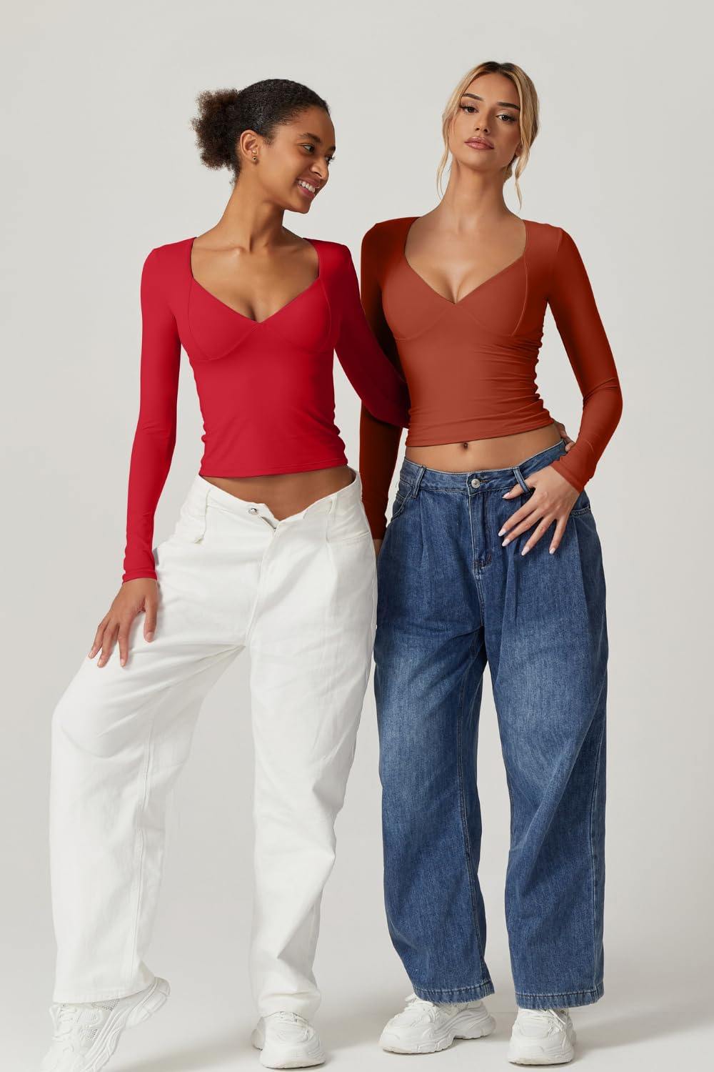 Women's Long Sleeve V Neck T Shirts - Double Lined Crop Top Seamed Cup