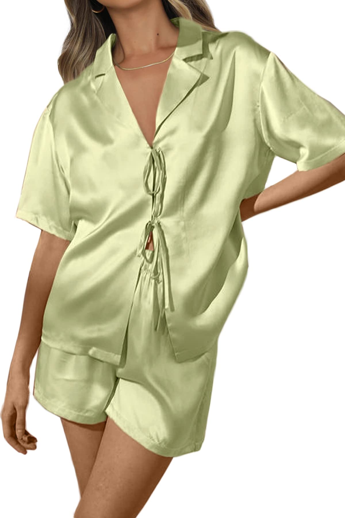 Women's Silk Satin Pajamas Sets Tie Front Short Sleeve Tops and Shorts Two Piece Pj Sets Sleepwear