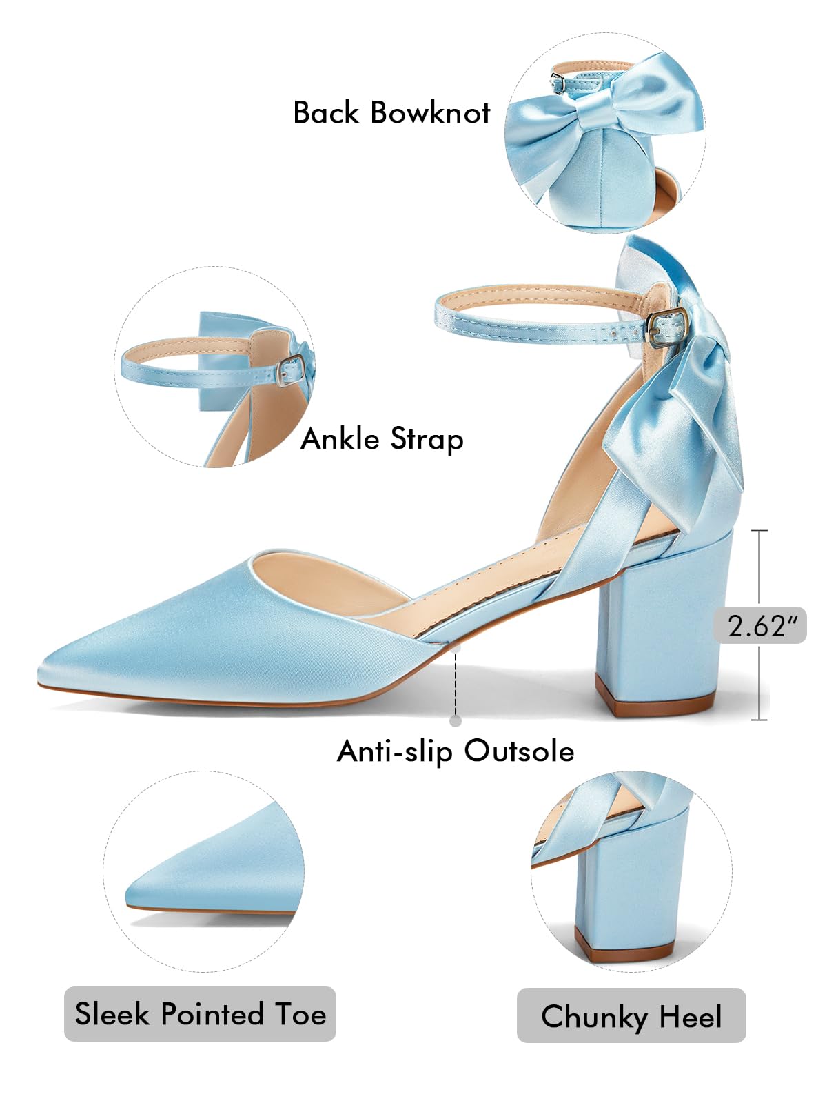 Womens Chunky Heels Low Heel Ankle Strap Pumps Closed Pointed Toe Shoes