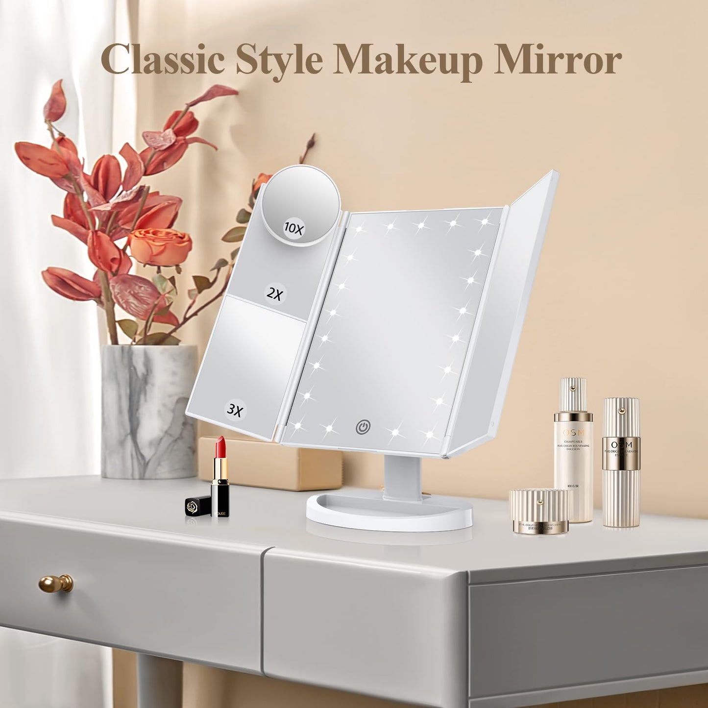 Makeup Mirror Vanity with Lights, 2X 3X 10X Magnification, Lighted Mirror, Touch Control, Trifold Dual Power Supply, Portable LED