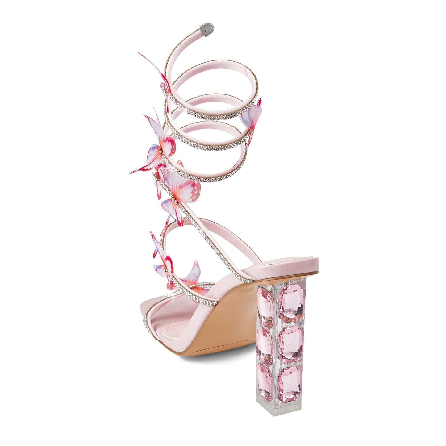 Butterfly Rhinestone Strappy Heels - Crystal High Block Heeled Square Open Toe