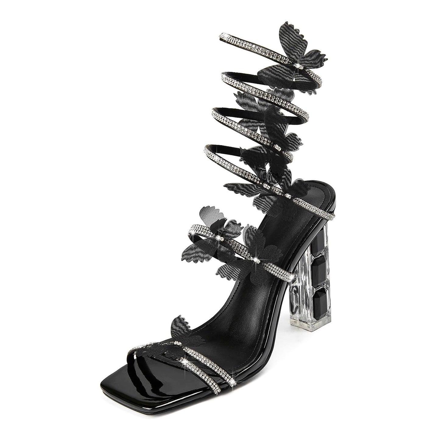 Butterfly Rhinestone Strappy Heels - Crystal High Block Heeled Square Open Toe