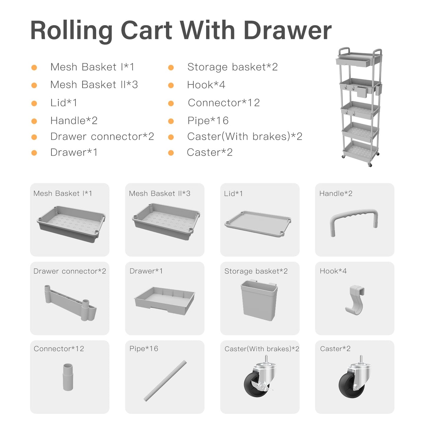 Rolling Utility Cart with Drawer,Storage Cart with Iron Wheels