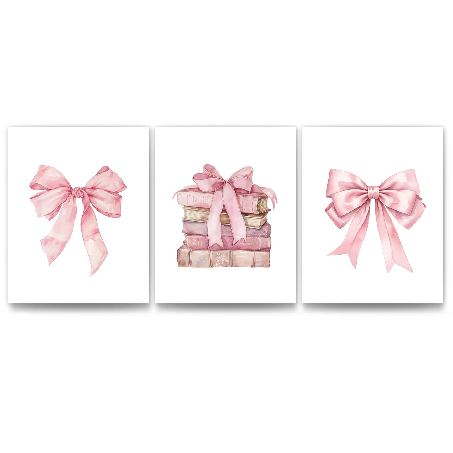 Coquette Pink Bow Girly Books Wall Art Prints Set of 3, 8x10 Unframed