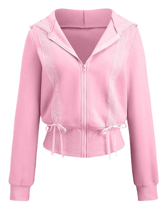 Women's Lace Patchwork Bow Zip-Up Crop Hoodie – Y2K Coquette Fleece Casual Hooded Sweatshirt