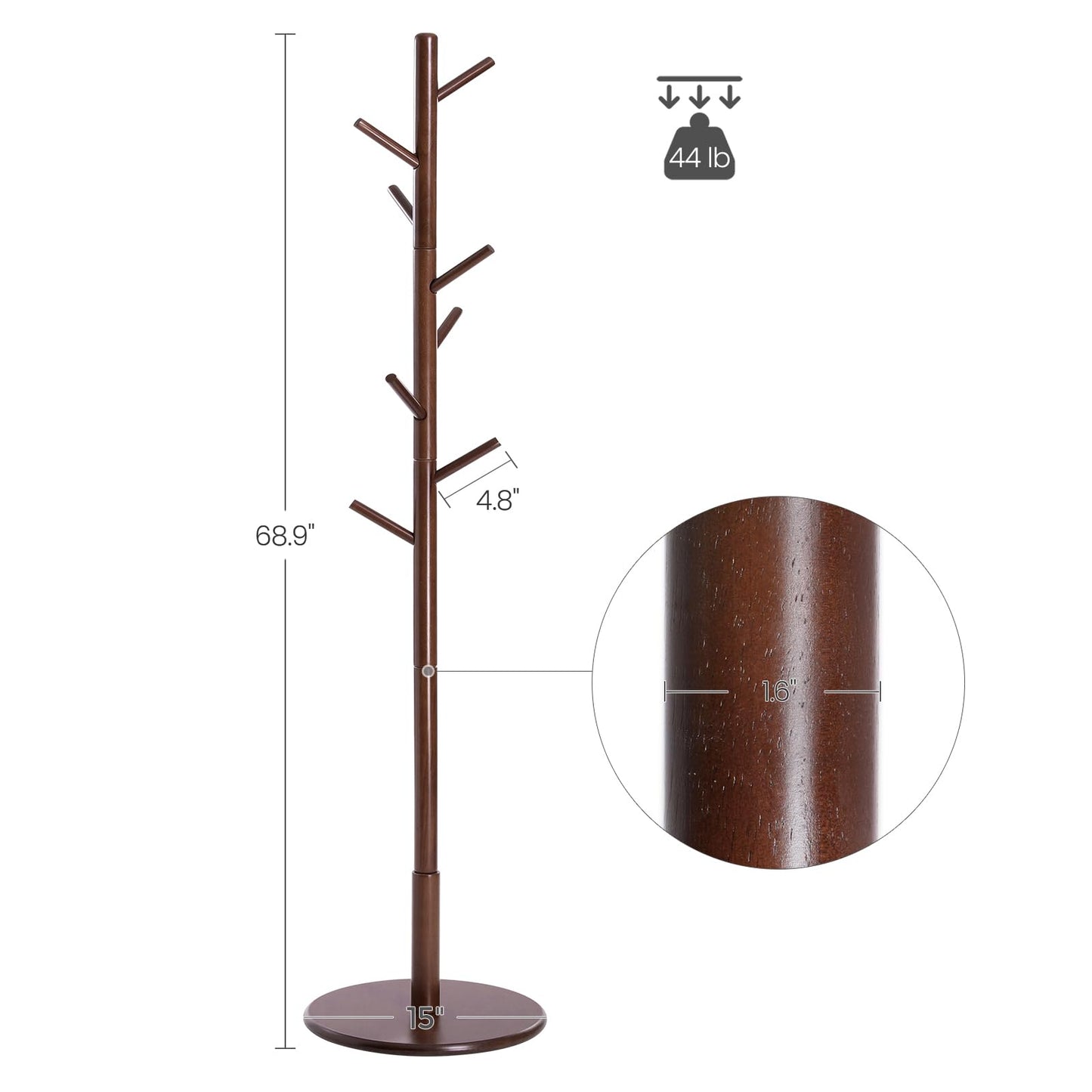 Solid Wood Coat Rack – Free-Standing Tree with 8 Hooks, Adjustable Height for Coats, Hats, and Bags