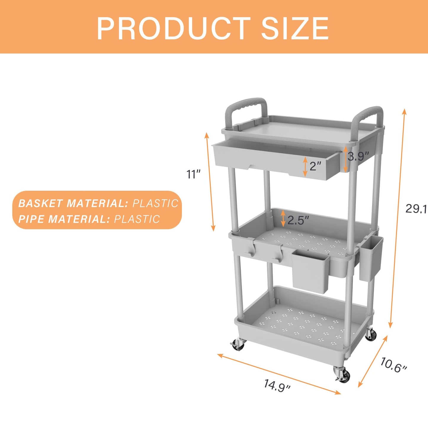 Rolling Utility Cart with Drawer,Storage Cart with Iron Wheels