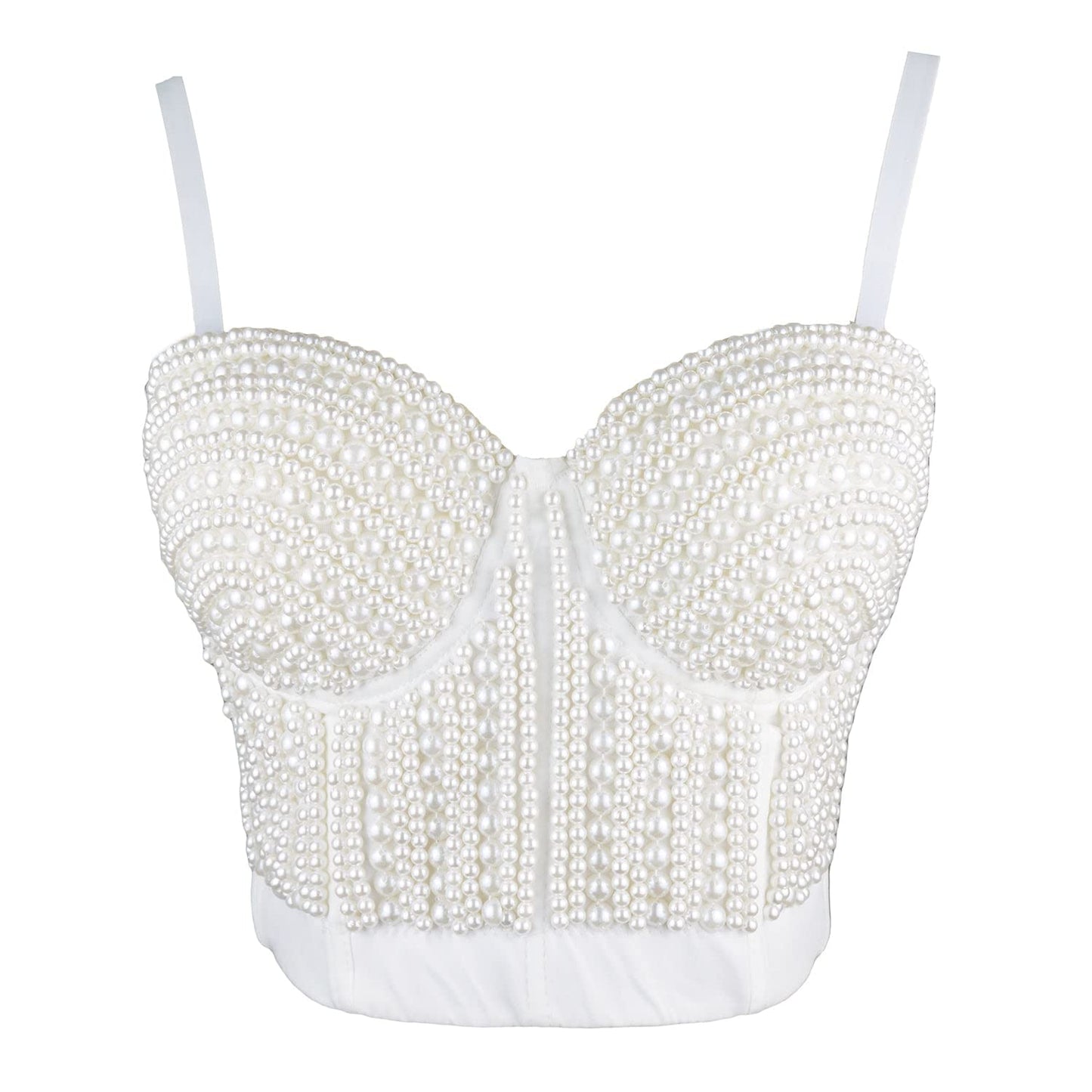 ELLACCI Woment's Pearls Beaded Bustier Crop Top Club Party Sexy Corset Top Bra White